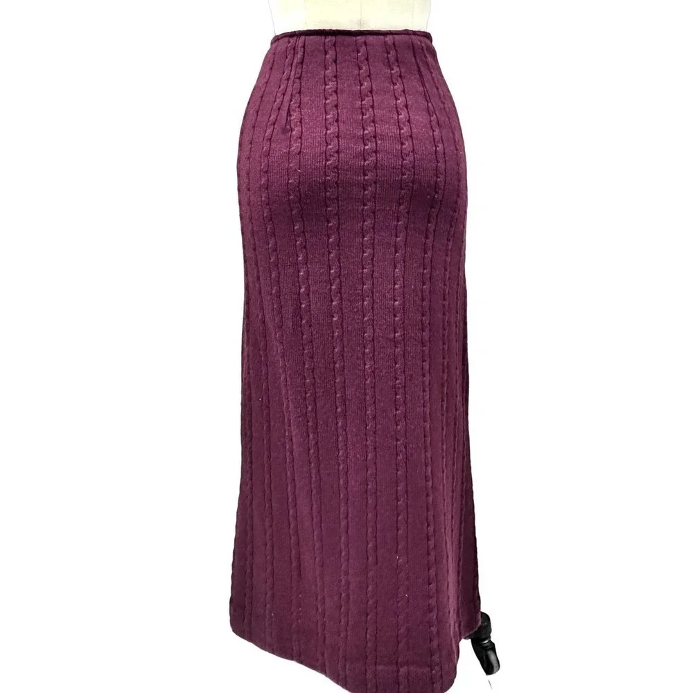 70s VTG Lace Up Front Cable Knit Sweater Skirt Plum Ankle Length Sz S/M